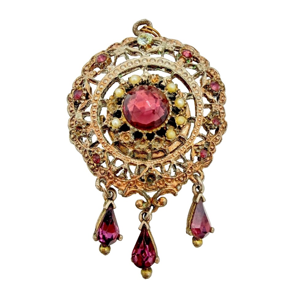 VTG Czech Baroness Pendant Watch Purple Rhinestone Dangles 1 Jewel AS-IS